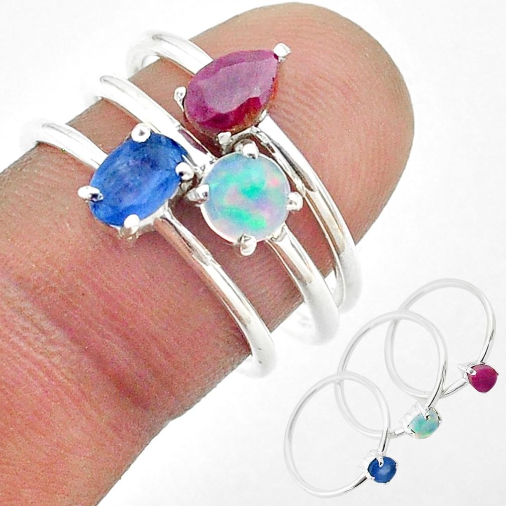 3.11cts natural sapphire ethiopian opal ruby 925 silver 3 rings size 6.5 t50947