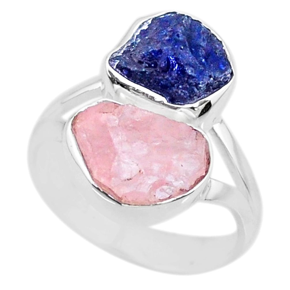 11.04cts natural sapphire raw rose quartz rough 925 silver ring size 7 r73841