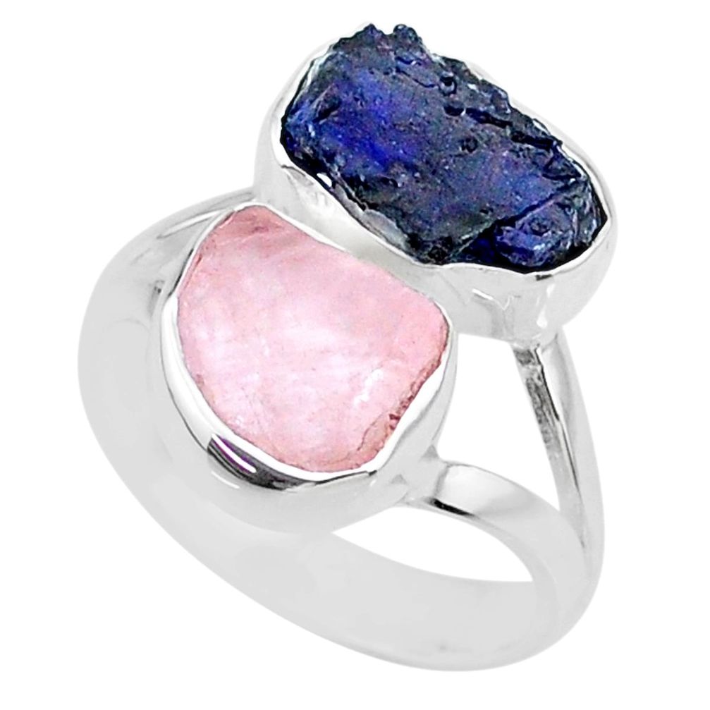 11.04cts natural sapphire raw rose quartz rough 925 silver ring size 7 r73843