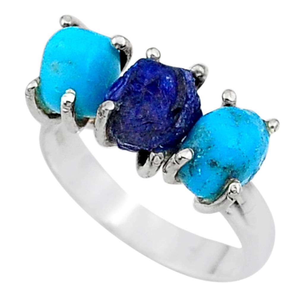 7.97cts natural sapphire rough raw turquoise silver ring size 7 t15061