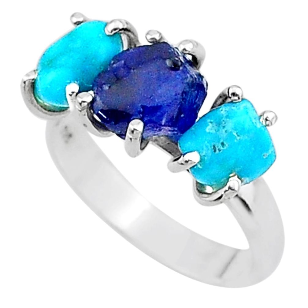8.26cts natural sapphire rough raw turquoise silver ring size 7 t15069