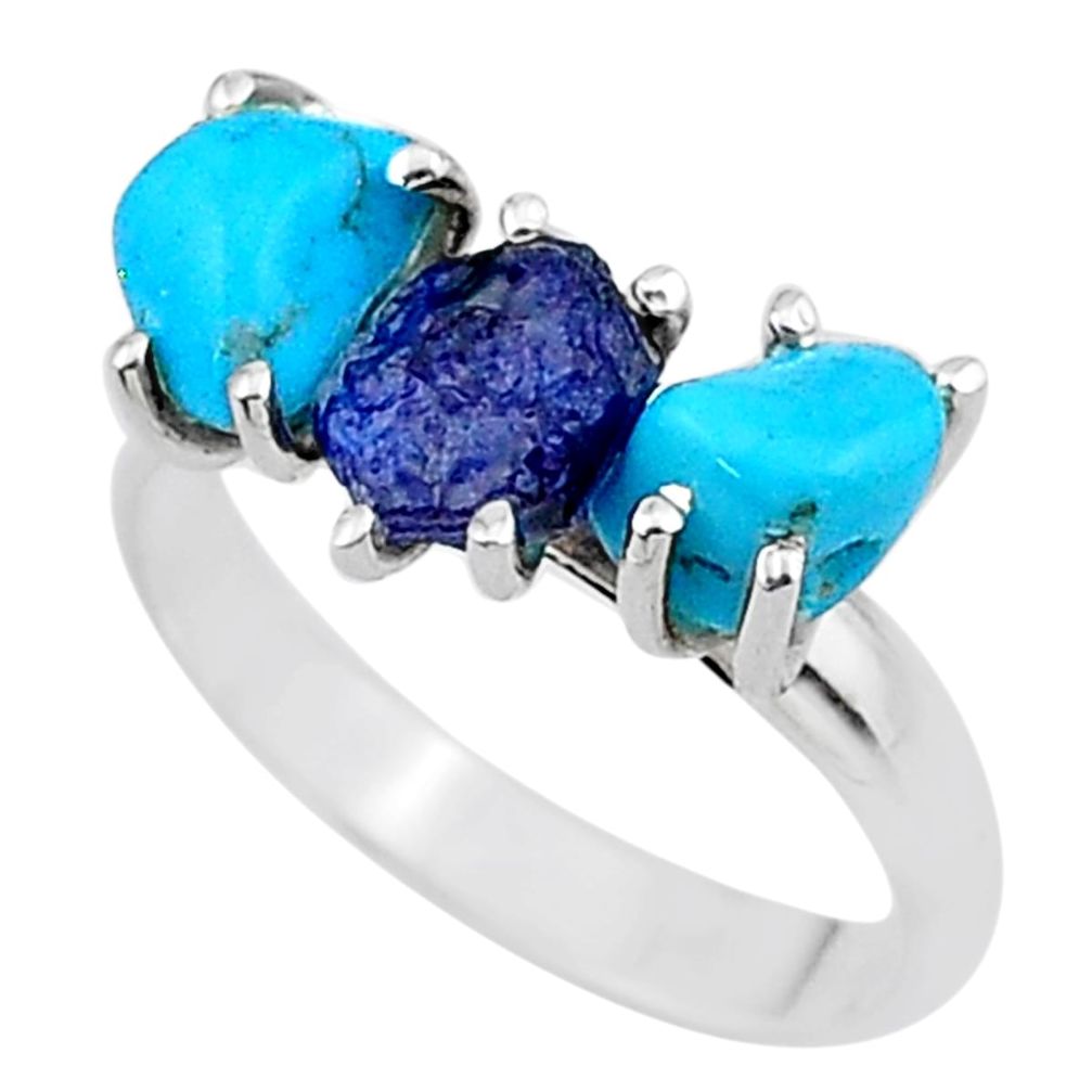 7.56cts natural sapphire rough raw turquoise silver ring size 9 t15065