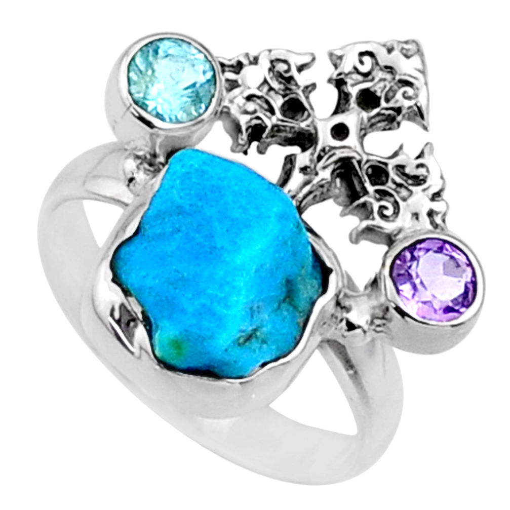 6.85cts natural sleeping beauty turquoise raw 925 silver ring size 6.5 r66671