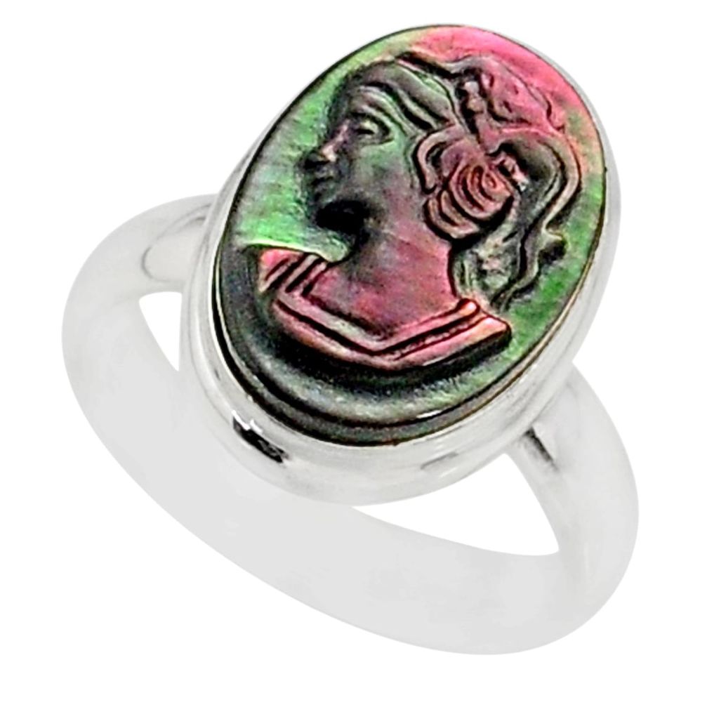 4.84cts natural titanium cameo on shell 925 silver lady face ring size 6 r80454