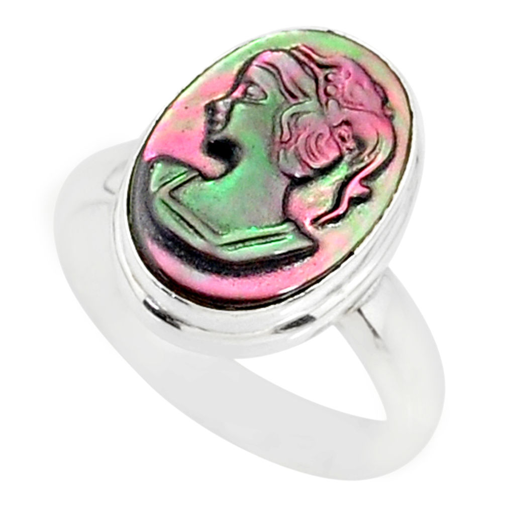 4.67cts natural titanium cameo on shell 925 silver lady face ring size 6 r80482