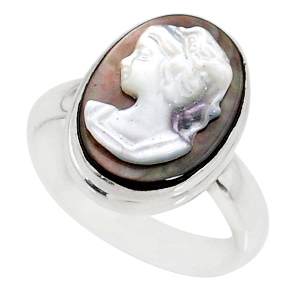 4.67cts natural titanium cameo on shell 925 silver lady face ring size 6 r80487