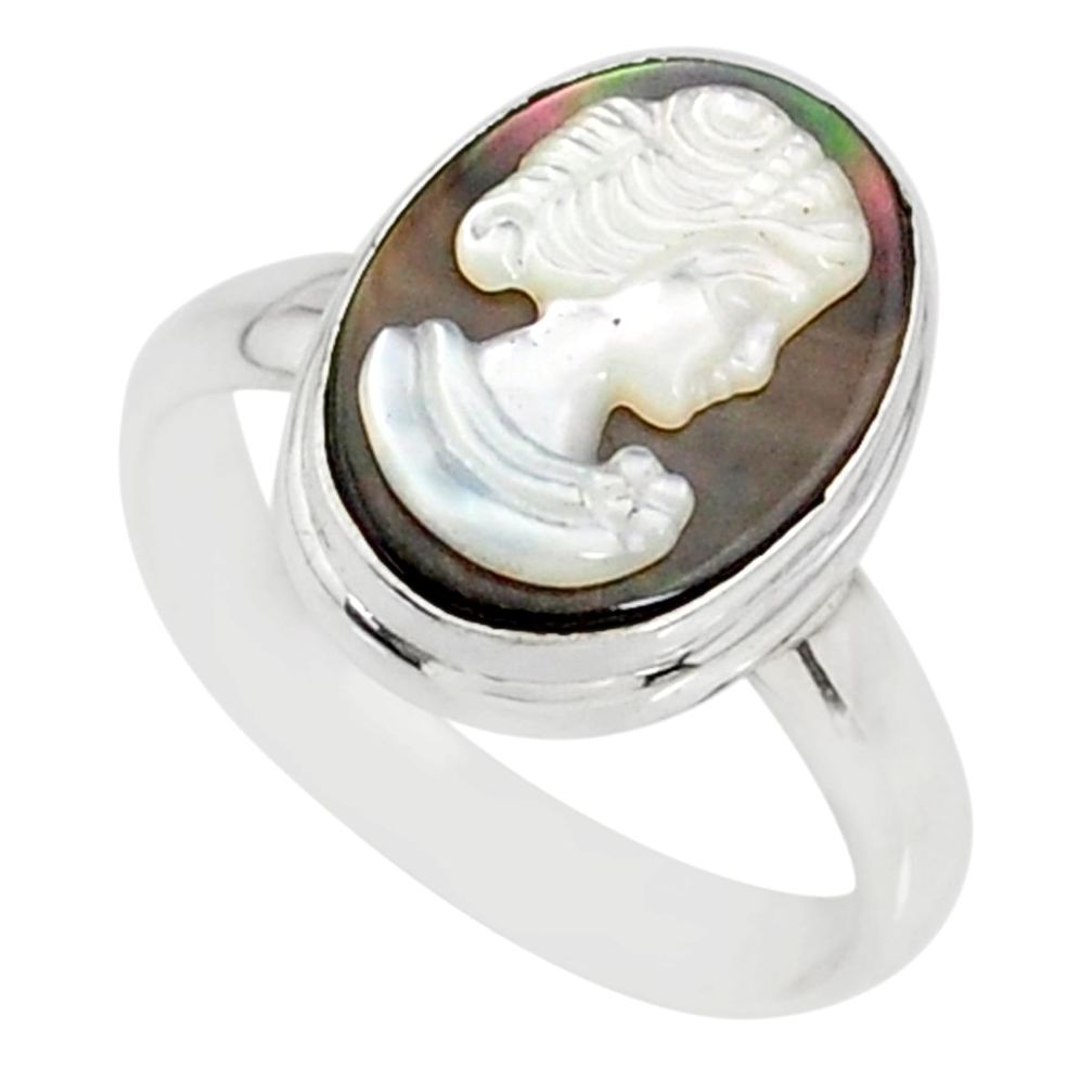 4.84cts natural titanium cameo on shell 925 silver lady face ring size 8 r80488