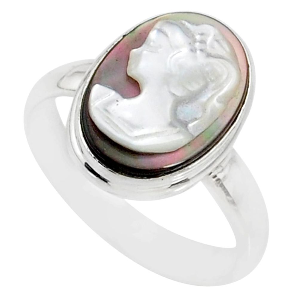 5.12cts natural titanium cameo on shell silver lady face ring size 8.5 r80466