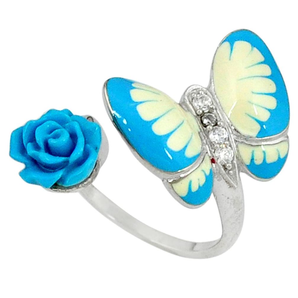 Natural white topaz enamel 925 silver butterfly with flower ring size 7 c16762