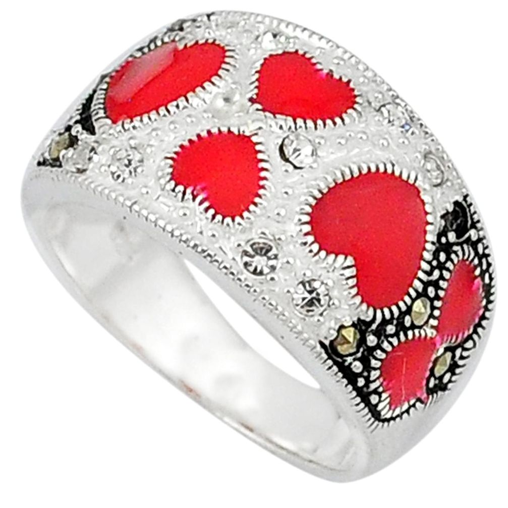 1.17cts natural white topaz marcasite red enamel 925 silver ring size 8.5 c16277