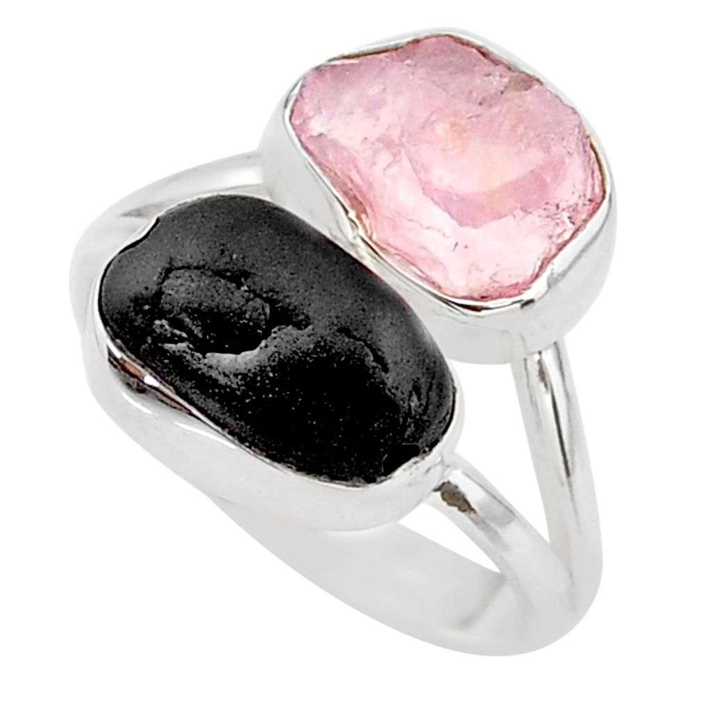 10.78cts natural tourmaline black rose quartz raw silver ring size 8 t21023