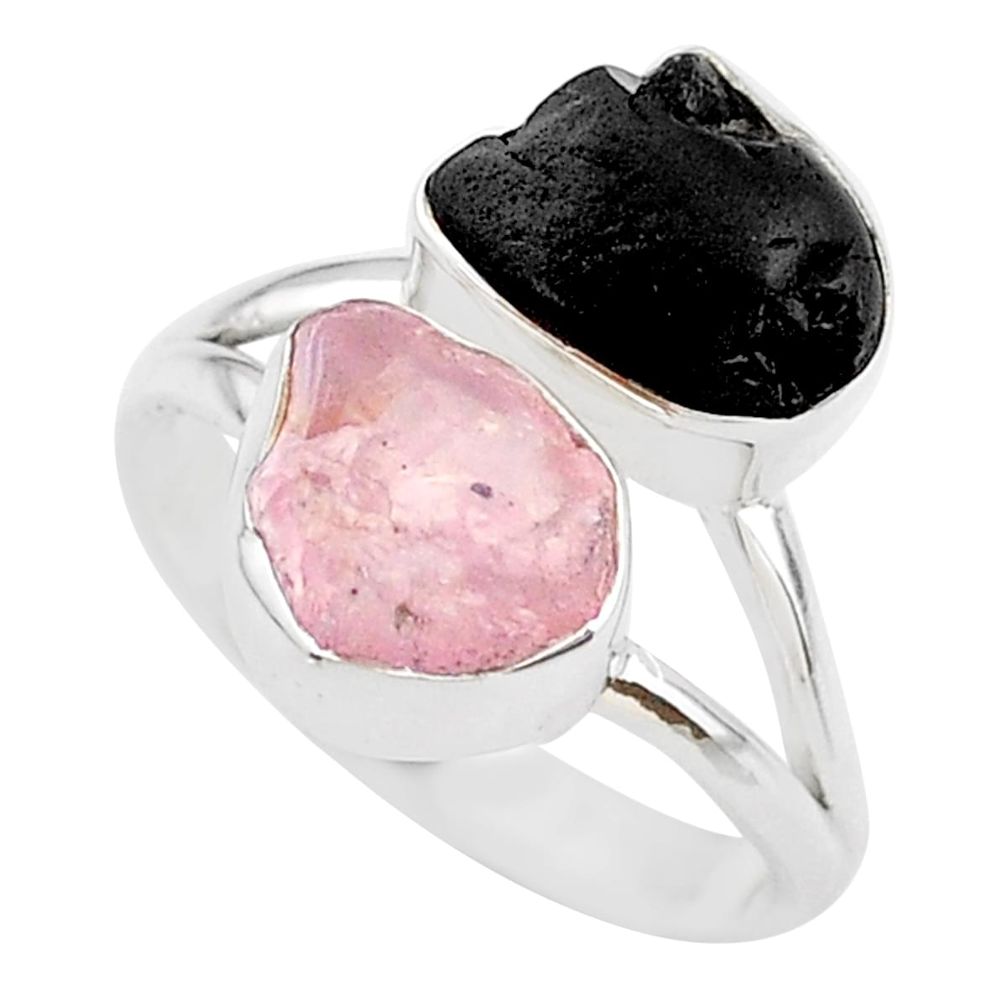 10.78cts natural tourmaline black rose quartz raw silver ring size 9 t21022