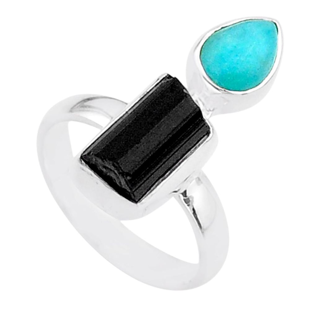 8.69cts natural tourmaline raw peruvian amazonite silver ring size 7 t48999