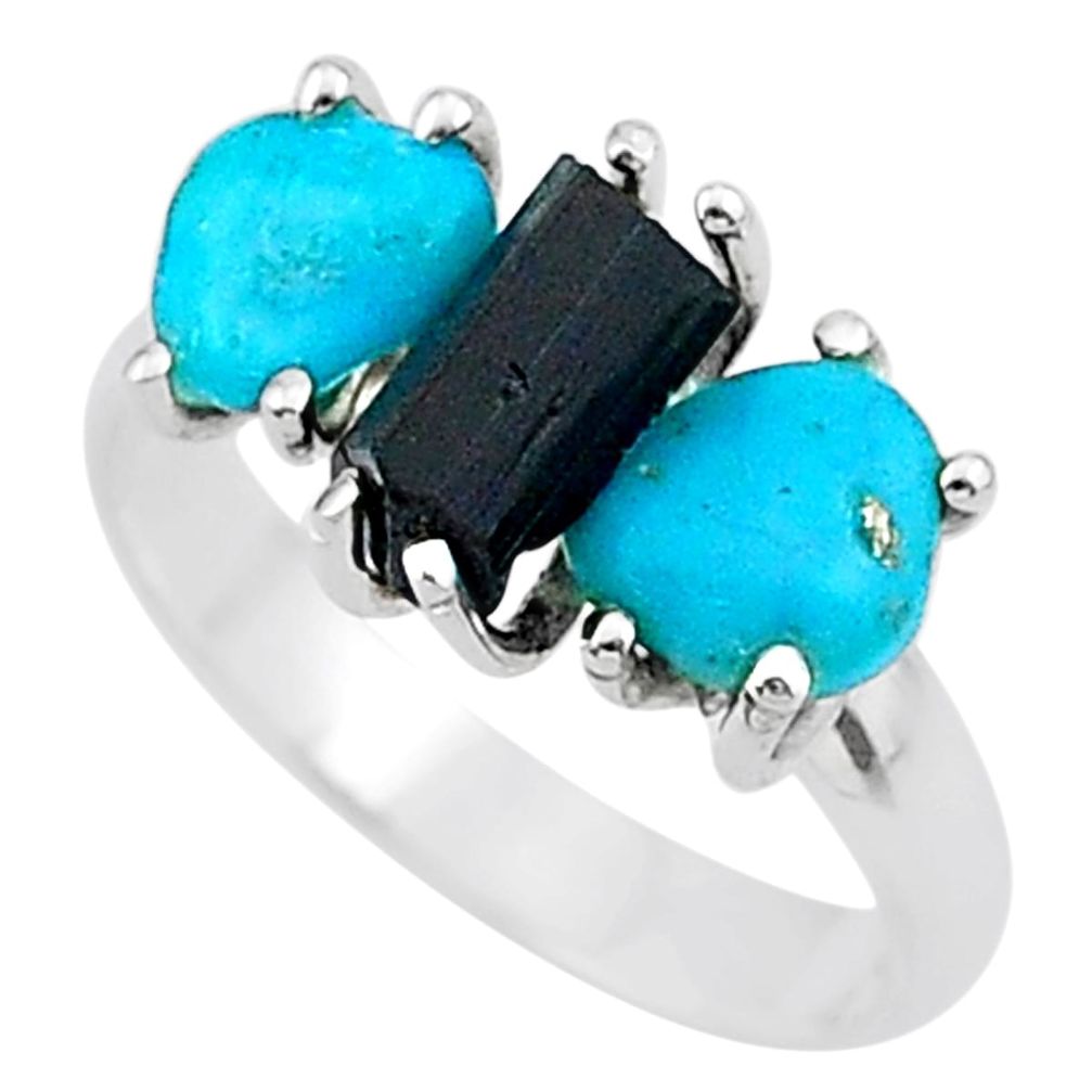 7.91cts natural tourmaline rough raw turquoise silver ring size 8 t15068