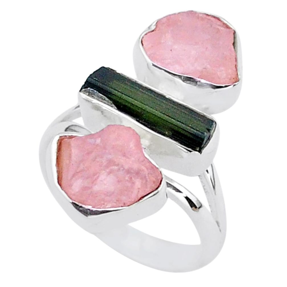 14.01cts natural tourmaline raw rose quartz rough silver ring size 7 t37787