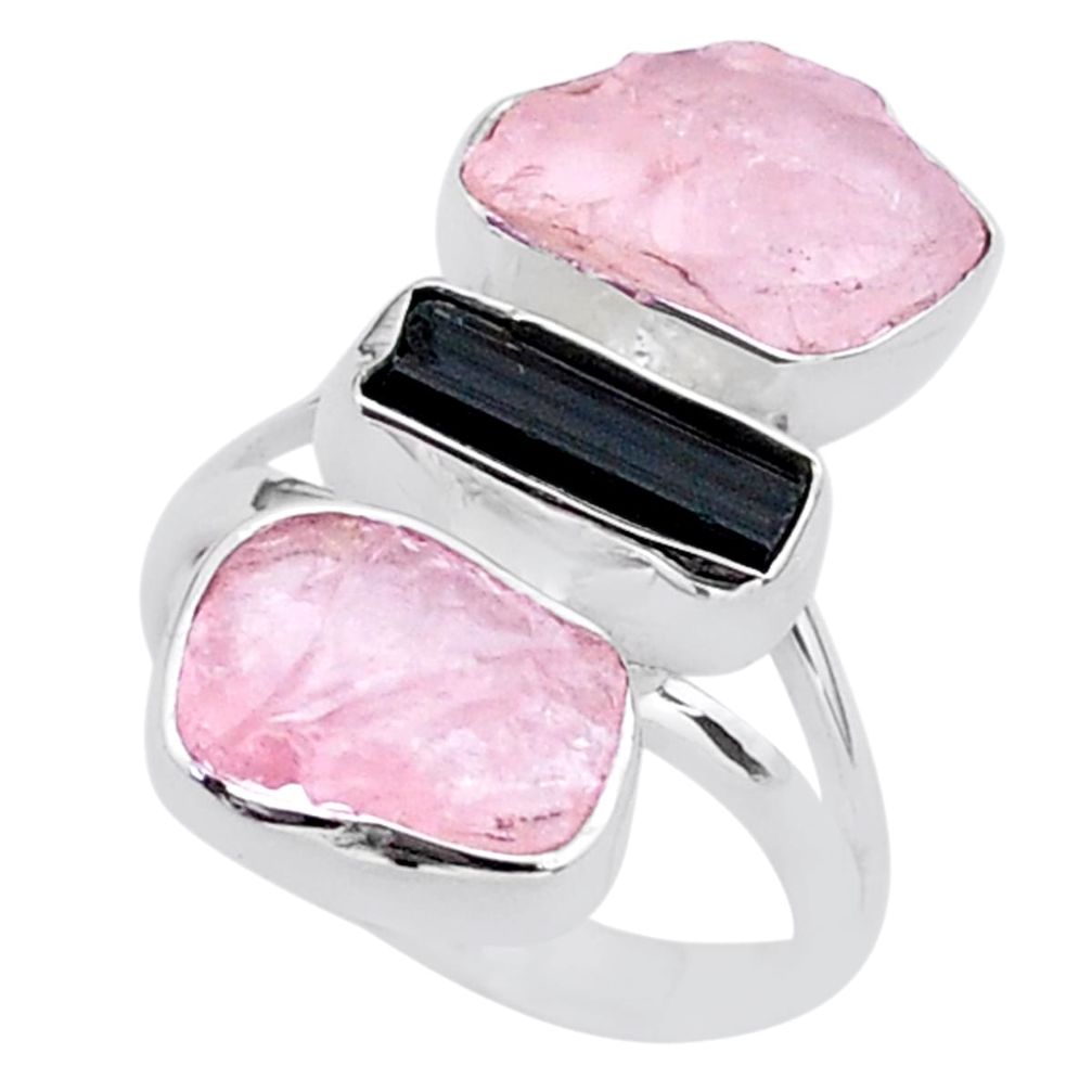 13.87cts natural tourmaline raw rose quartz rough silver ring size 7 t37795