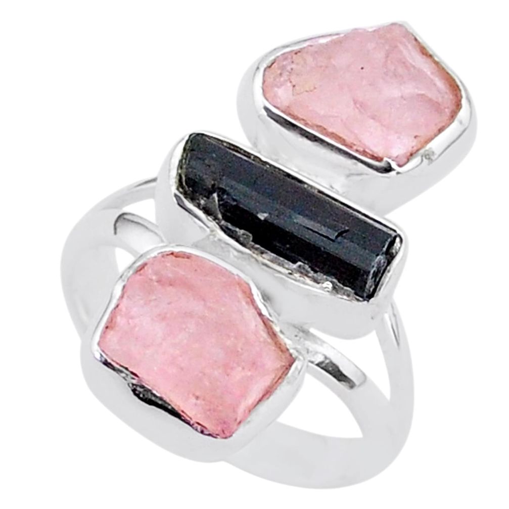 14.40cts natural tourmaline raw rose quartz rough silver ring size 7 t37799