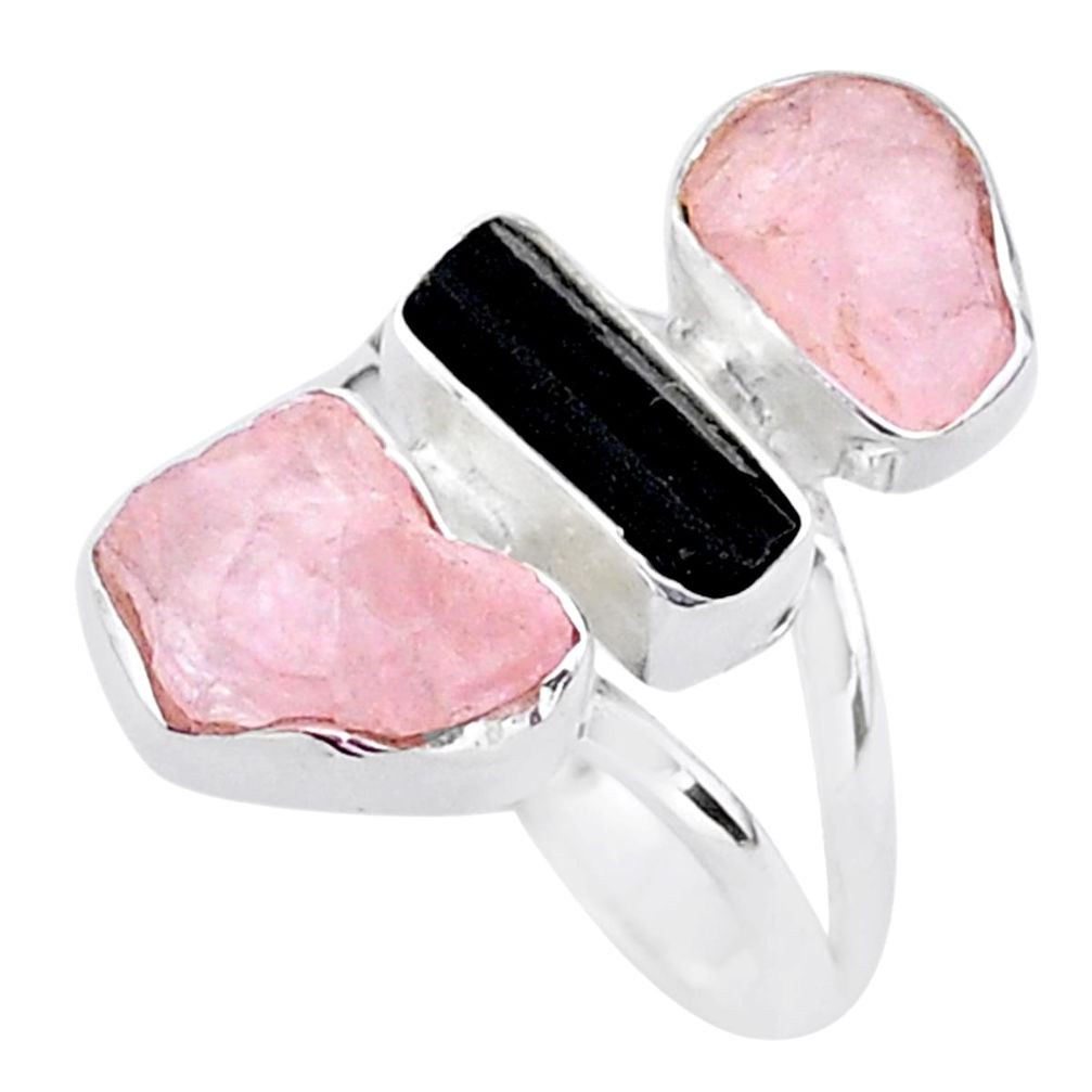 14.40cts natural tourmaline raw rose quartz rough silver ring size 8 t37761