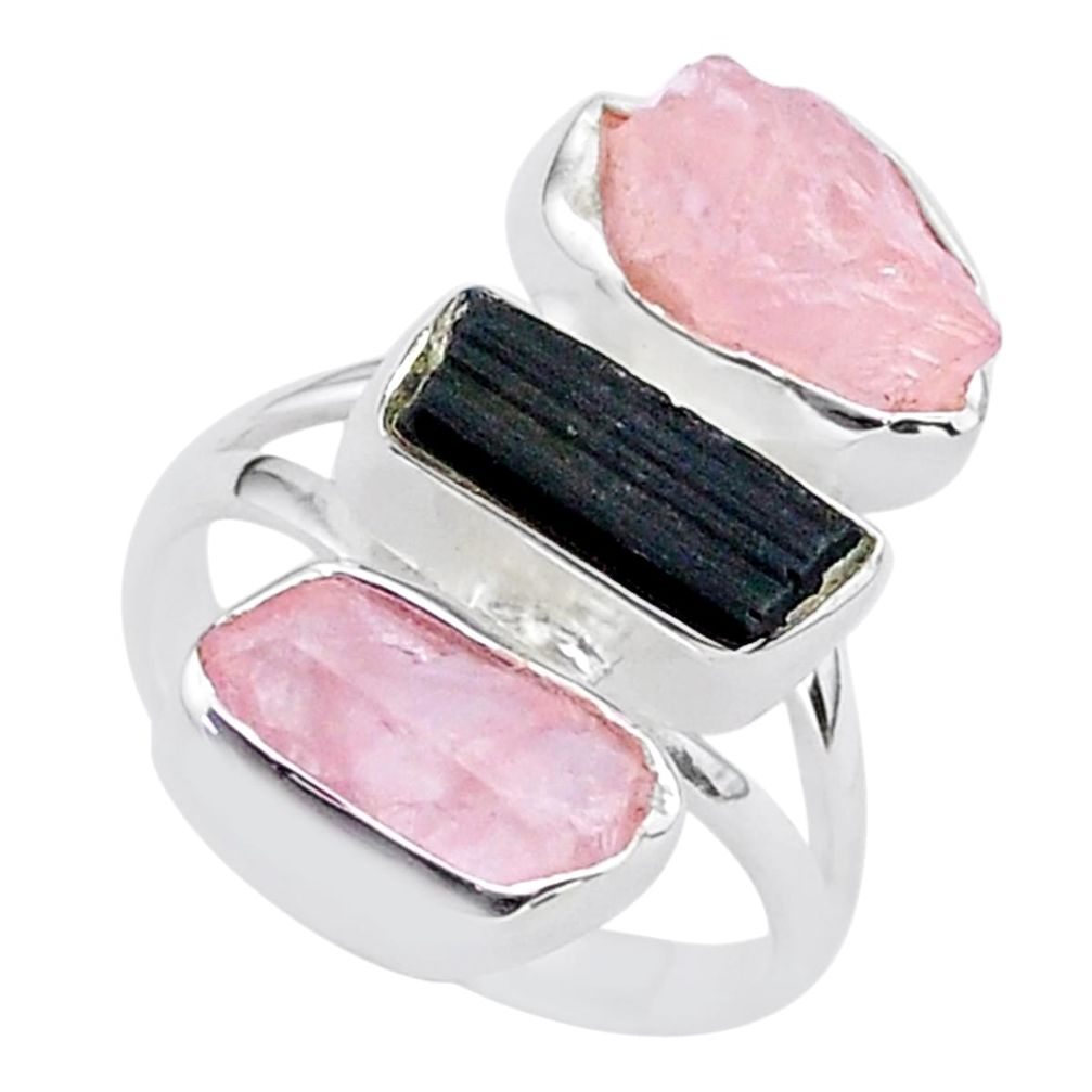 14.40cts natural tourmaline raw rose quartz rough silver ring size 8 t37786