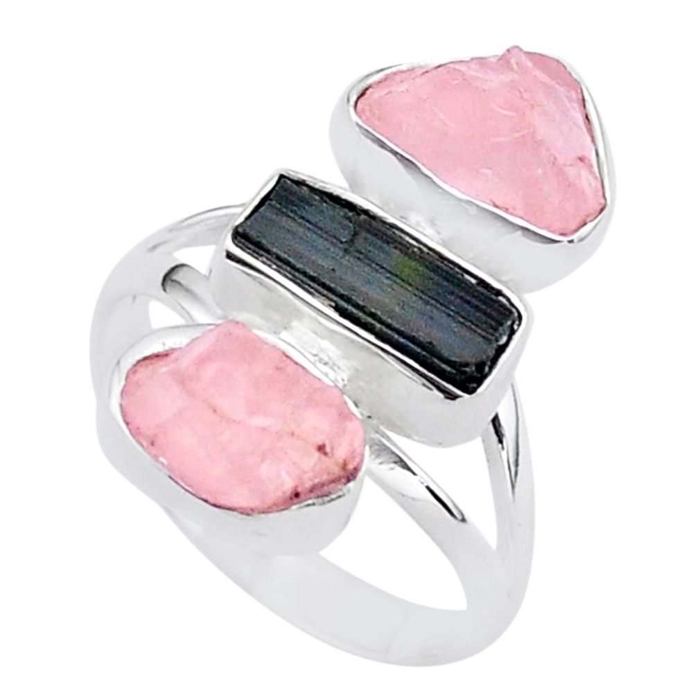 14.01cts natural tourmaline raw rose quartz rough silver ring size 8 t37788