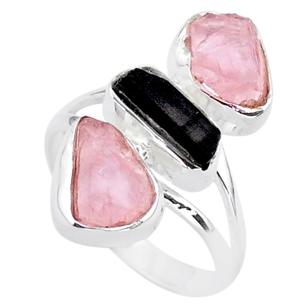 13.85cts natural tourmaline raw rose quartz rough silver ring size 9 t37764