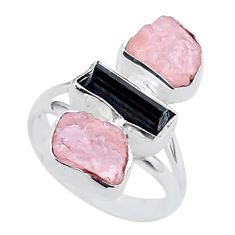13.55cts natural tourmaline raw rose quartz rough silver ring size 7.5 t37791