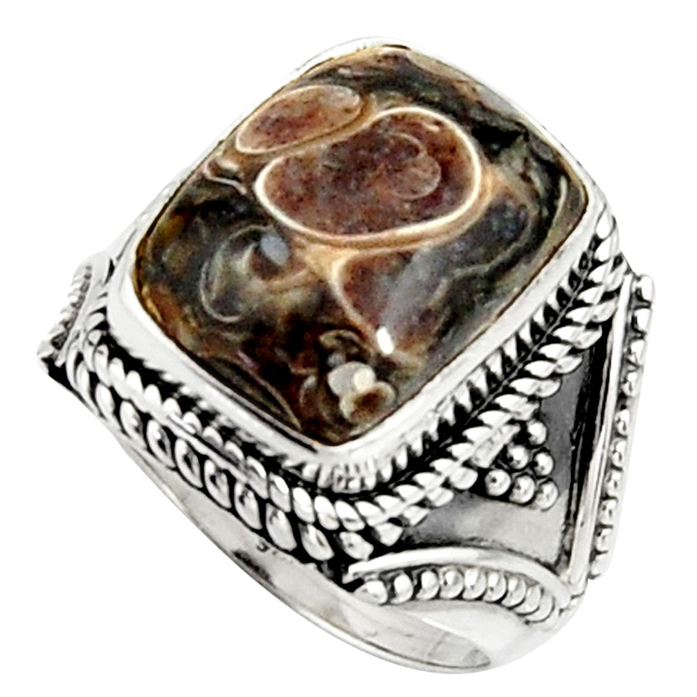 Natural turritella fossil snail agate 925 silver solitaire ring size 7 r22549