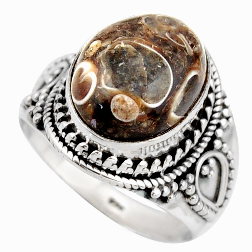 Natural turritella fossil snail agate 925 silver solitaire ring size 8 d46475