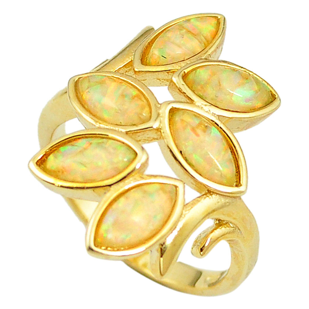 Natural white australian opal (lab) silver 14k gold ring size 8 a61151 c14998