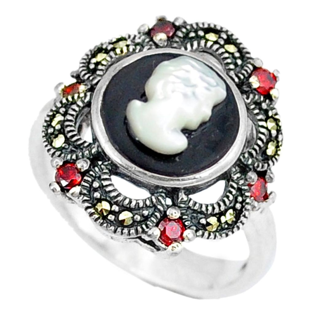 Natural white blister pearl marcasite 925 sterling silver ring size 6.5 c21516