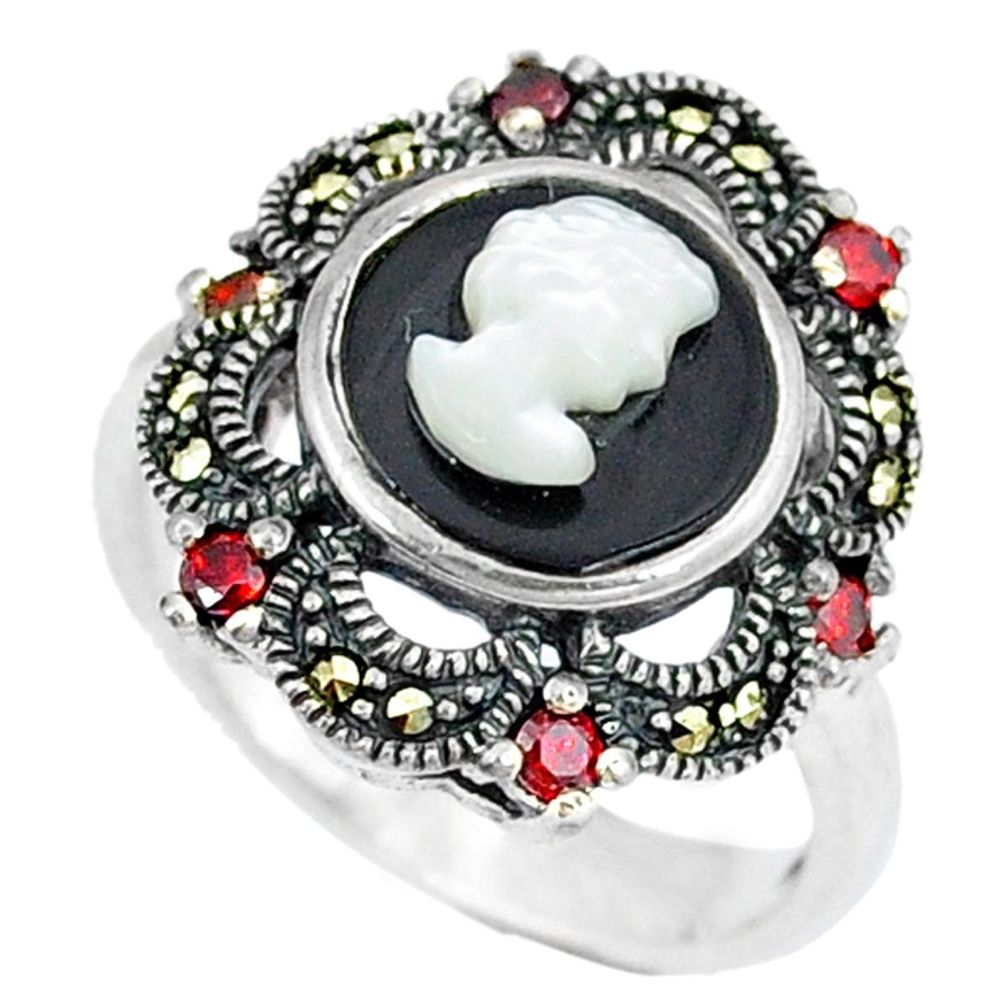 Natural white blister pearl marcasite 925 sterling silver ring size 7 c21485