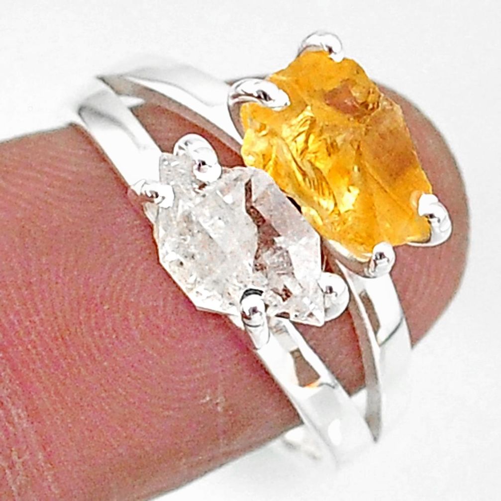 6.61cts natural white herkimer diamond citrine raw silver ring size 8 t6784