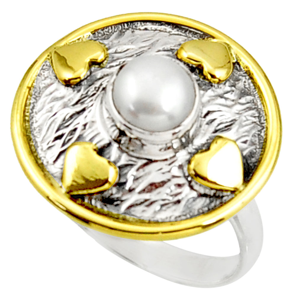 1.25cts natural white pearl 925 silver 14k gold solitaire ring size 7.5 r37296
