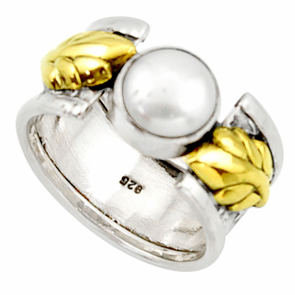 3.29cts natural white pearl 925 silver 14k gold solitaire ring size 7 d46315