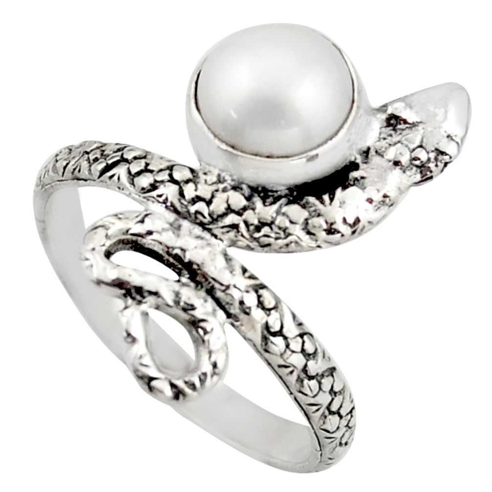 3.35cts natural white pearl 925 silver snake solitaire ring size 8.5 d46278