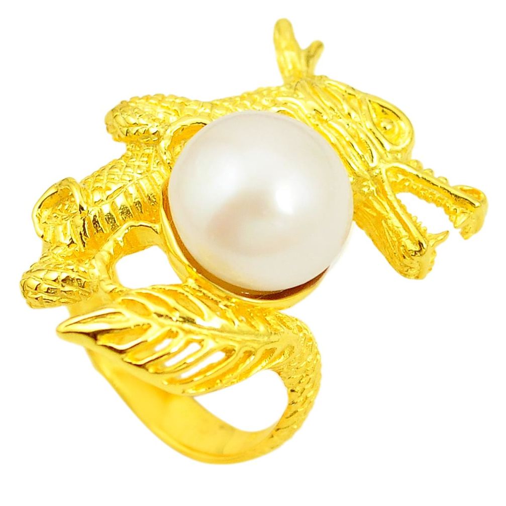 Natural white pearl 925 sterling silver 14k gold dragon ring size 7.5 c23978