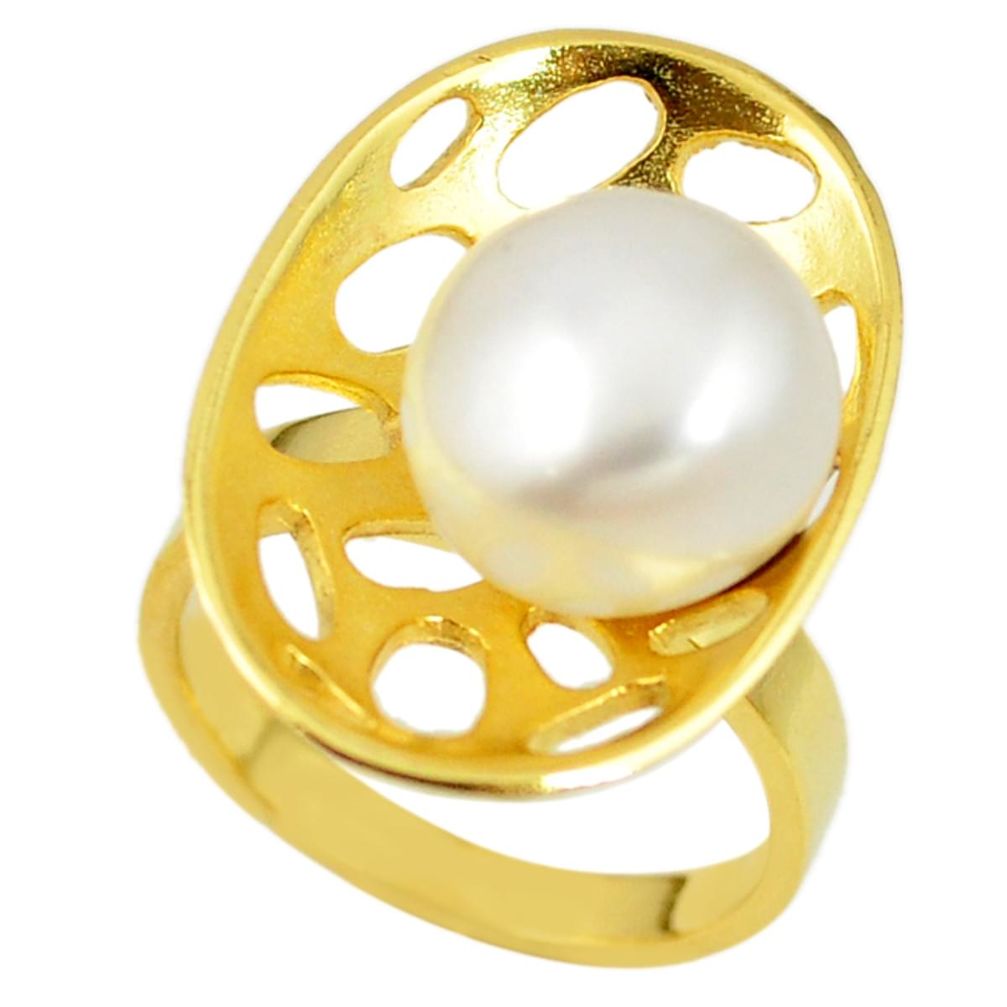 Natural white pearl 925 sterling silver 14k gold ring jewelry size 8 c23973
