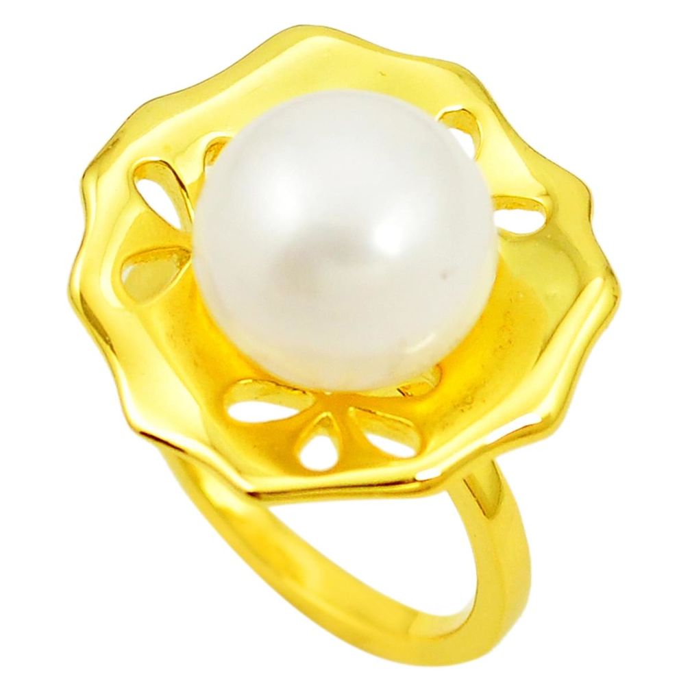 Natural white pearl 925 sterling silver 14k gold ring size 8 c23972