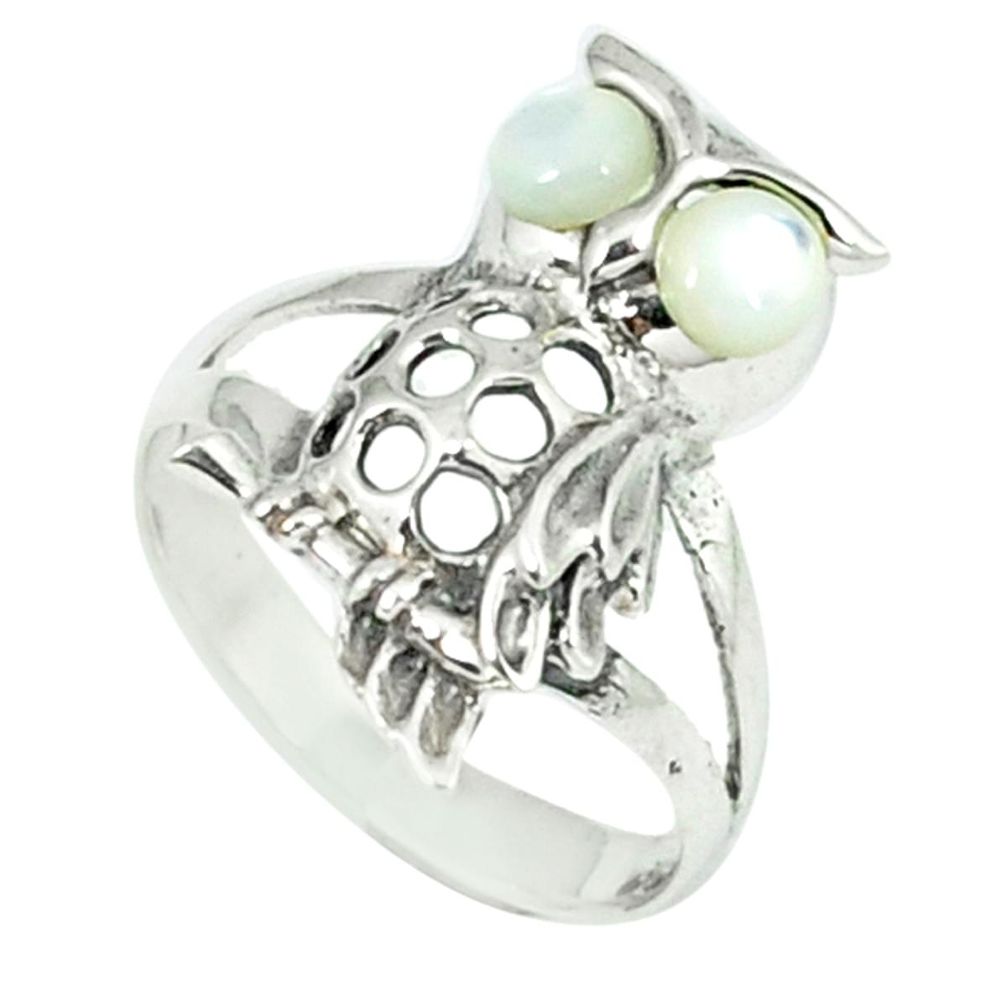 1.34cts natural white pearl 925 sterling silver owl ring jewelry size 6.5 c12244