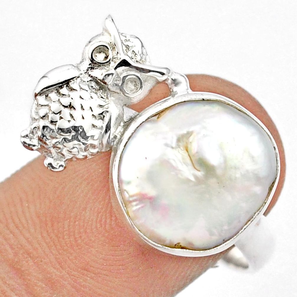 6.58cts sea life natural white pearl 925 sterling silver owl ring jewelry size 8.5 u14201