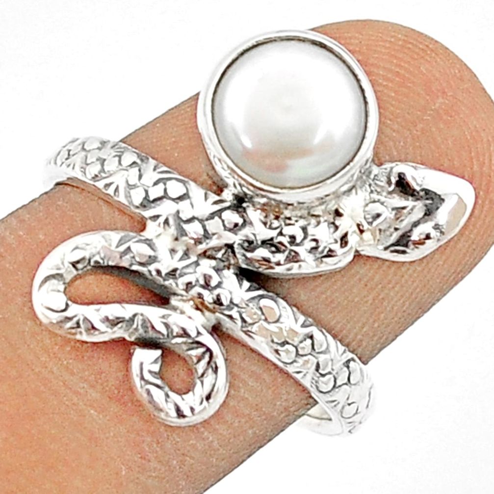 3.44cts natural white pearl 925 sterling silver snake ring jewelry size 7 u29615