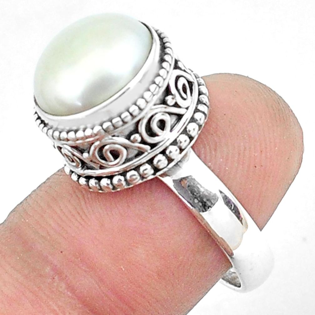 6.32cts natural white pearl 925 sterling silver solitaire ring size 7.5 p47459