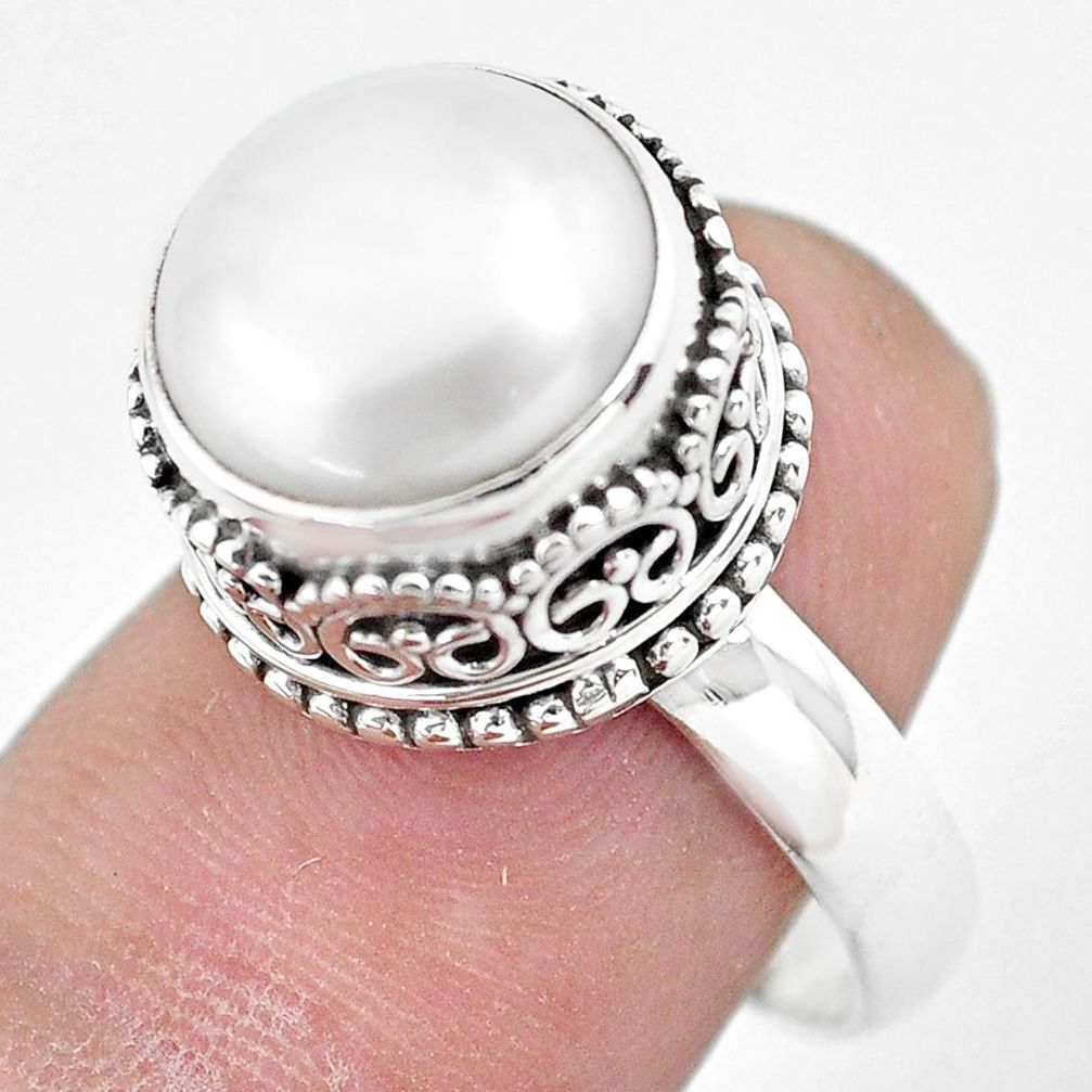 6.72cts natural white pearl 925 sterling silver solitaire ring size 7.5 p61693