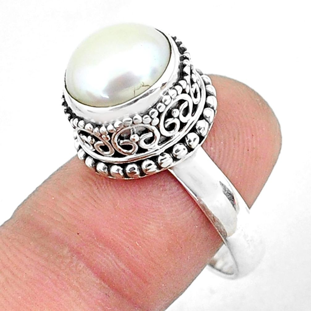 6.20cts natural white pearl 925 sterling silver solitaire ring size 7 p47446