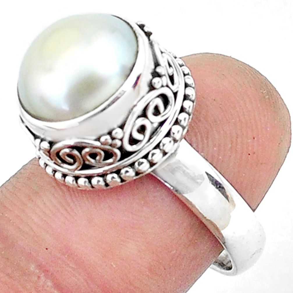 6.02cts natural white pearl 925 sterling silver solitaire ring size 8 p47456