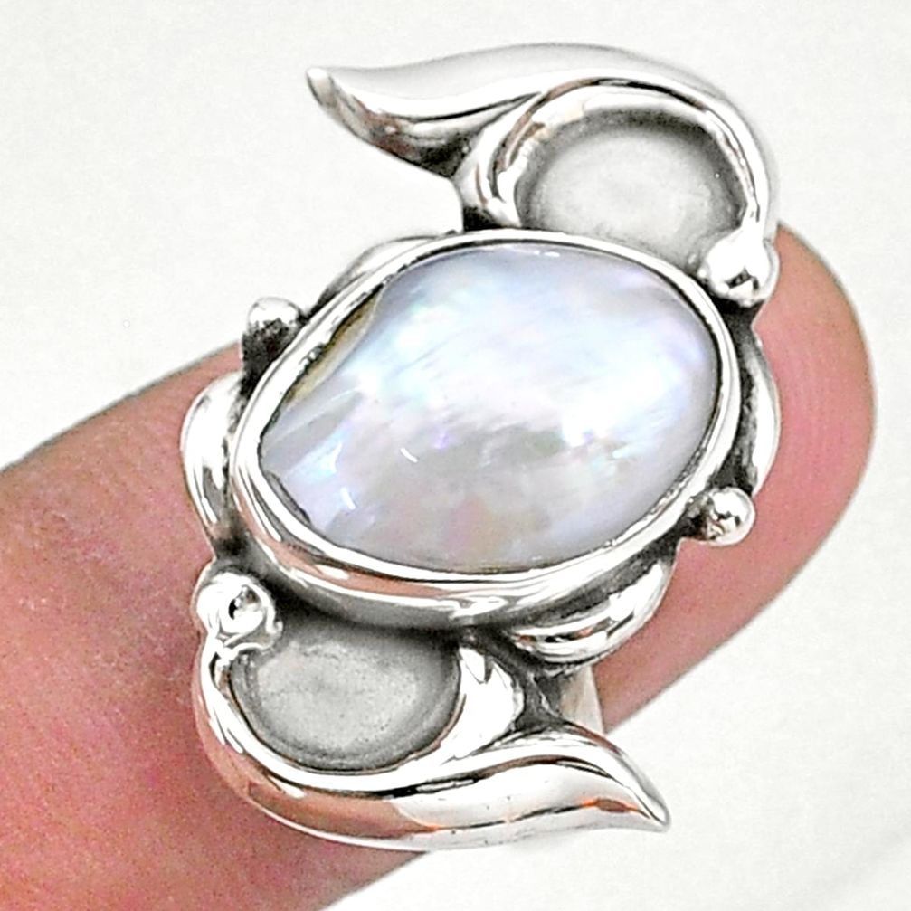 6.08cts natural white pearl 925 sterling silver solitaire ring size 7.5 t16294