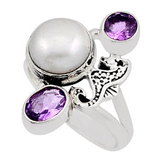 7.07cts natural white pearl amethyst 925 silver seahorse ring size 7.5 n12810