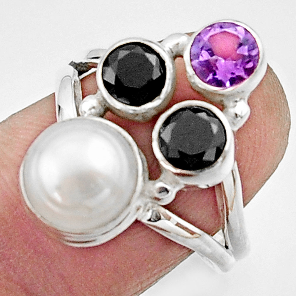 5.79cts natural white pearl amethyst 925 sterling silver ring size 7.5 r22953