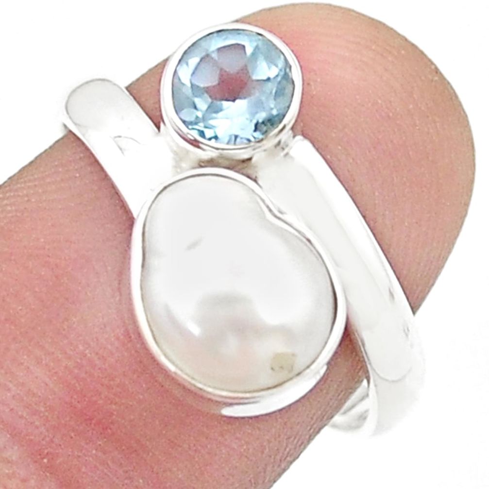 4.49cts sea life natural white pearl blue topaz 925 sterling silver ring size 7.5 u48097