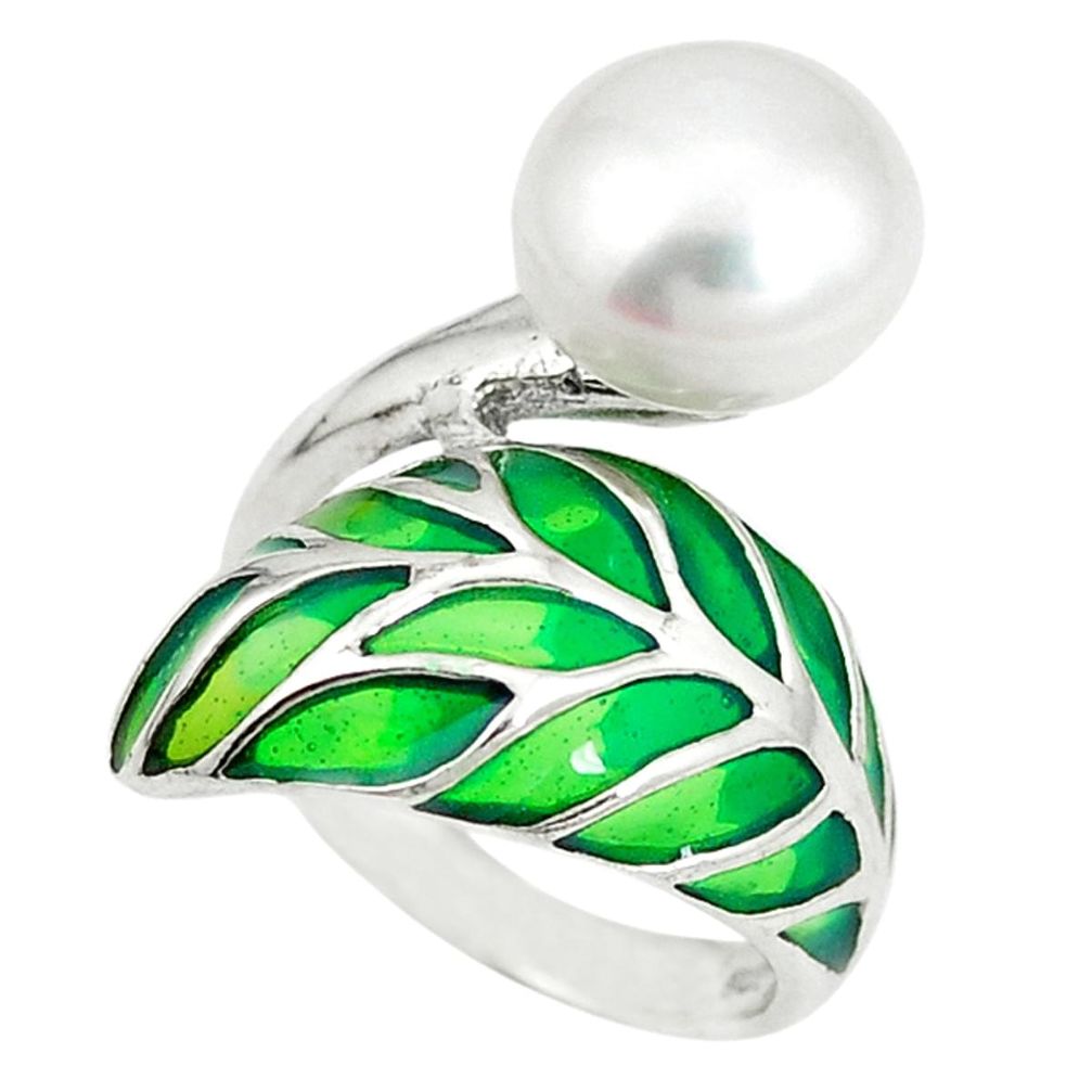 Natural white pearl enamel 925 sterling silver ring jewelry size 5.5 c20758